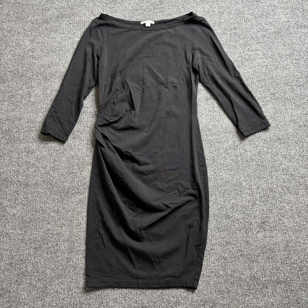James Perse Boatneck Bodycon 3/4 Sleeve Ruched Dress Women's Size 3 Black Large